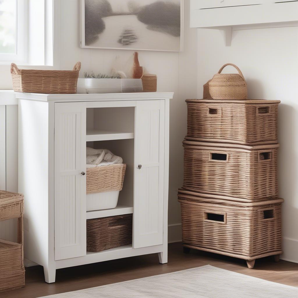 White Storage Cabinet with Wicker Baskets in a Living Room