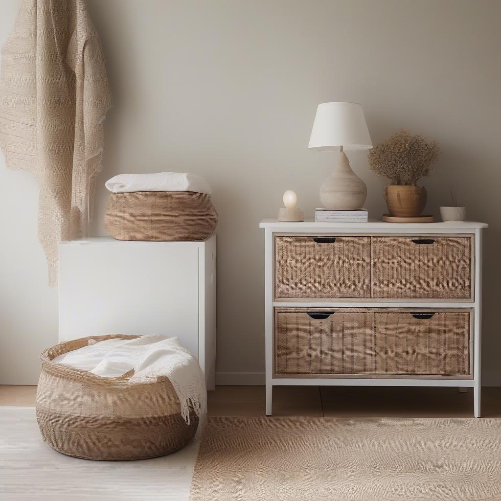 White storage cabinet with wicker drawers in a bedroom setting