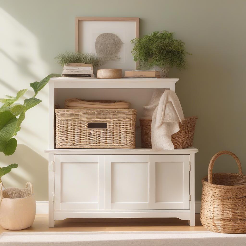 White Storage Unit with Wicker Baskets in a Living Room