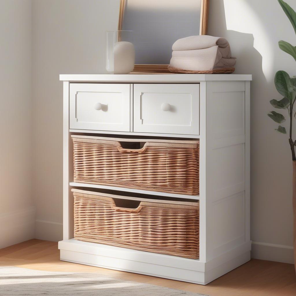 White wicker 2 drawer storage unit placed in a minimalist bedroom, showcasing its storage capacity and aesthetic appeal.