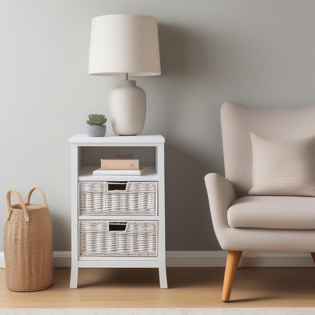 White wicker 2 drawer storage unit used as a side table in a modern living room, showcasing its versatility and stylish design.