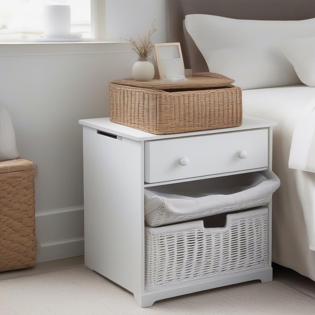 White wicker 2-drawer unit used for bedroom storage