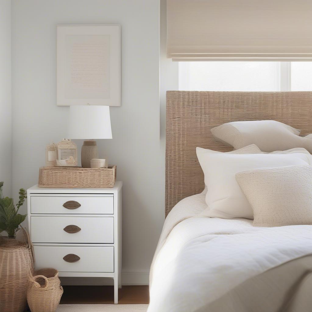 White wicker 3 drawer storage unit in a bright, airy bedroom