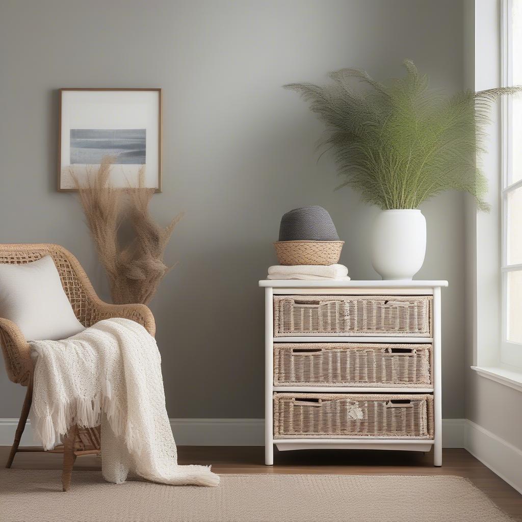 White wicker 6-drawer storage chest in a living room setting, showcasing its stylish design and practical storage solution.