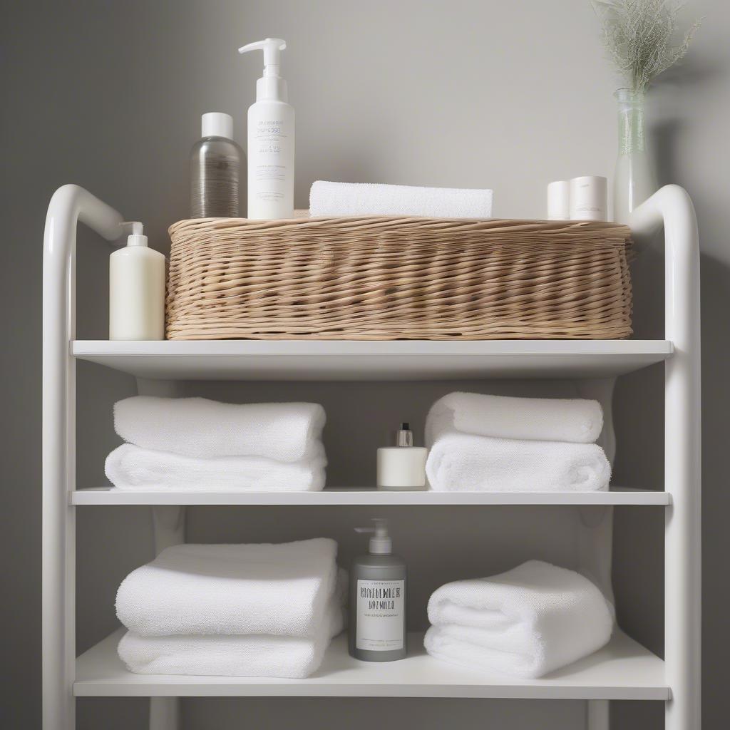 White wicker storage basket in a bathroom setting.