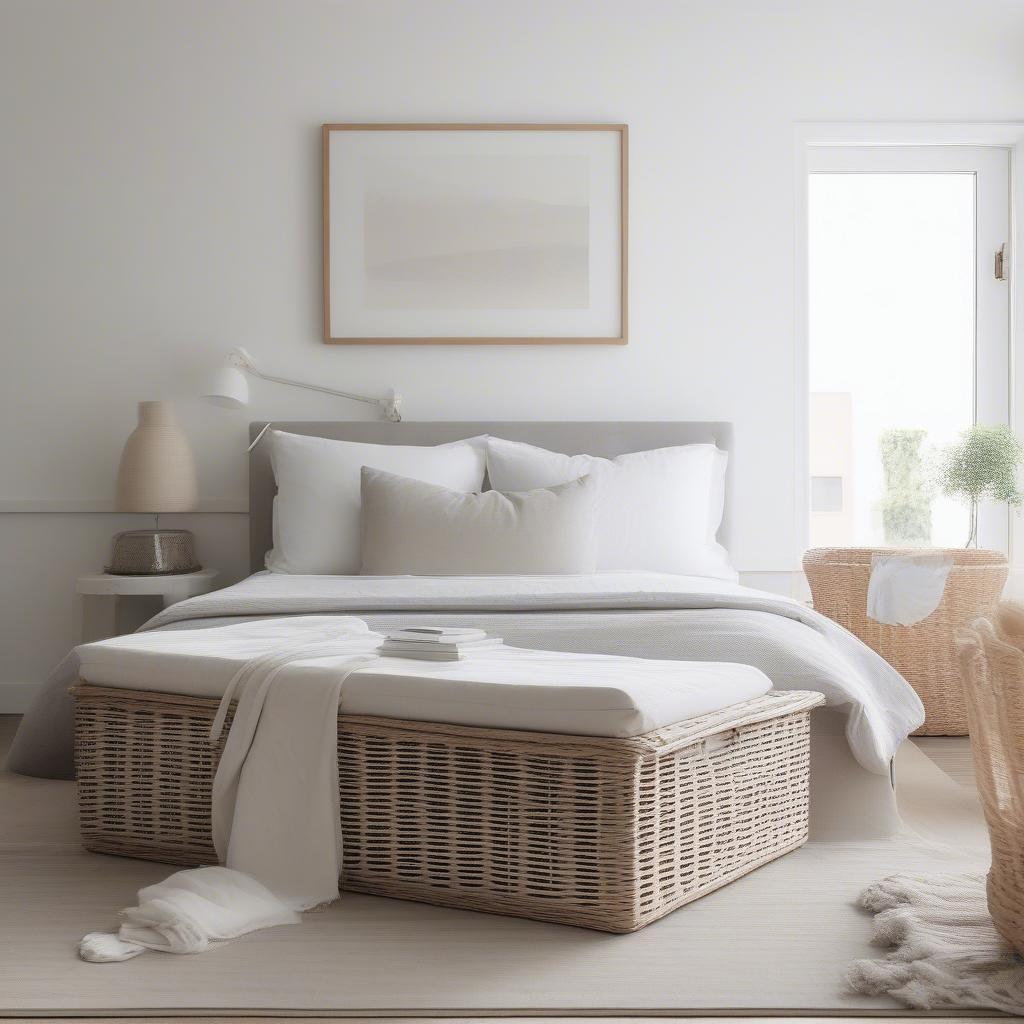 White Wicker Basket in Bedroom Setting