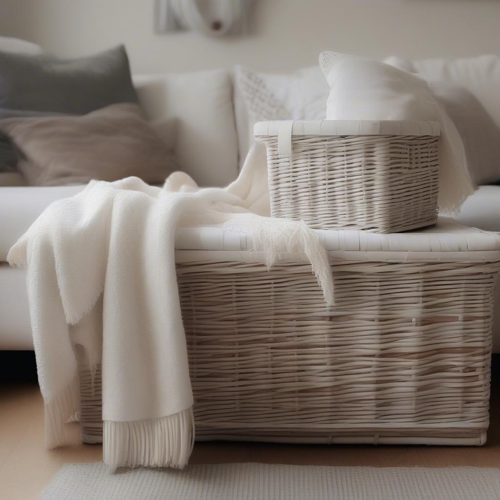 White Wicker Basket in Living Room Setting