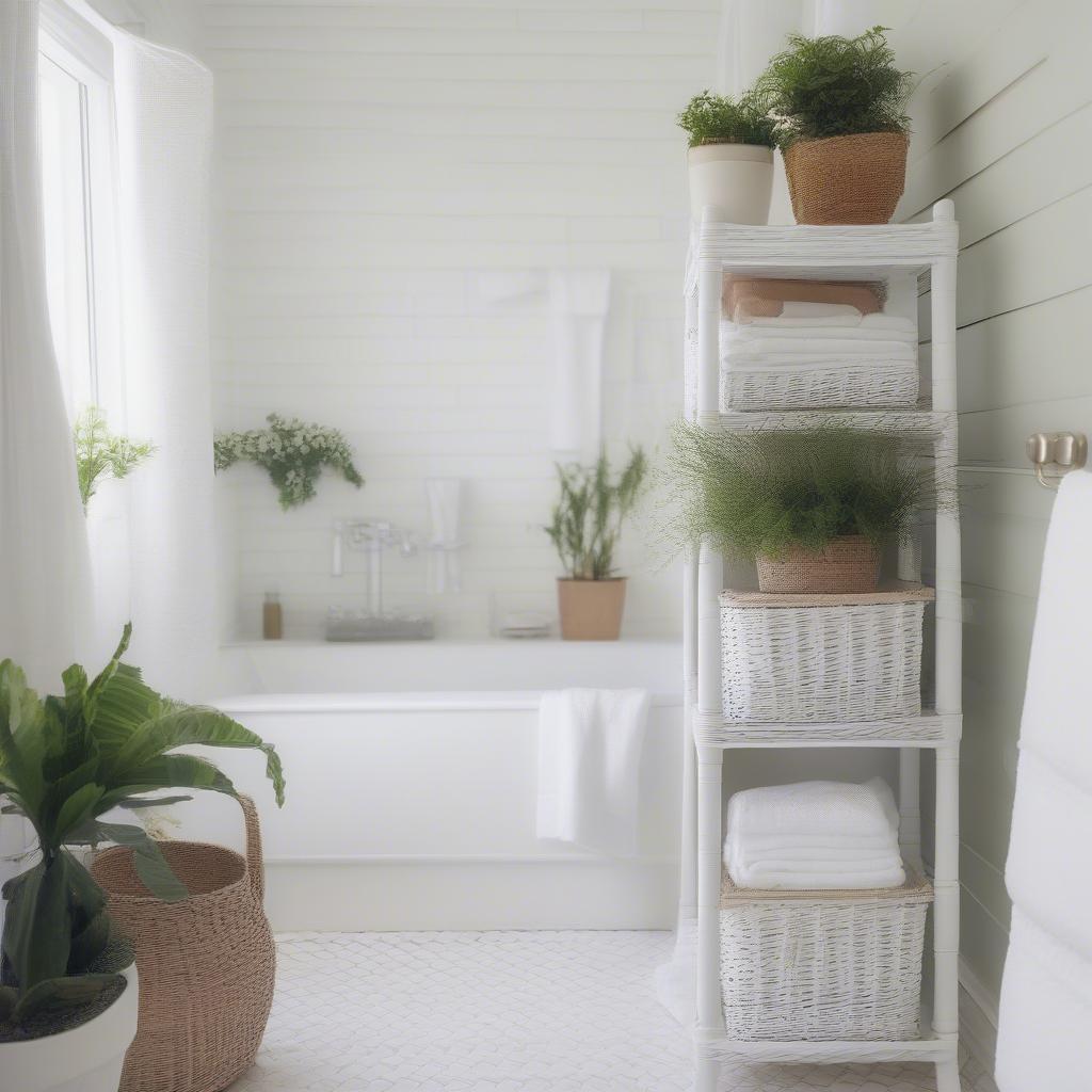 White Wicker Basket Storage Shelf in Bathroom