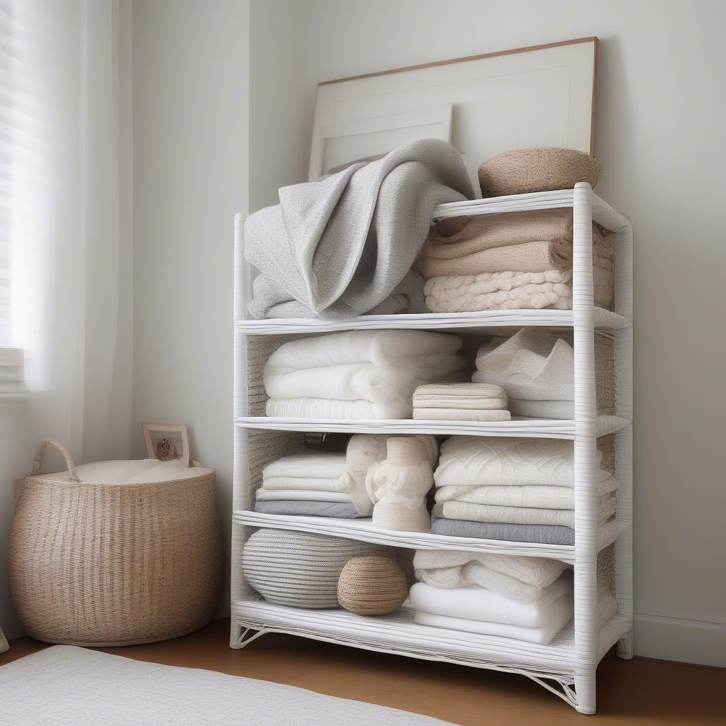 White Wicker Basket Storage Shelf in Bedroom