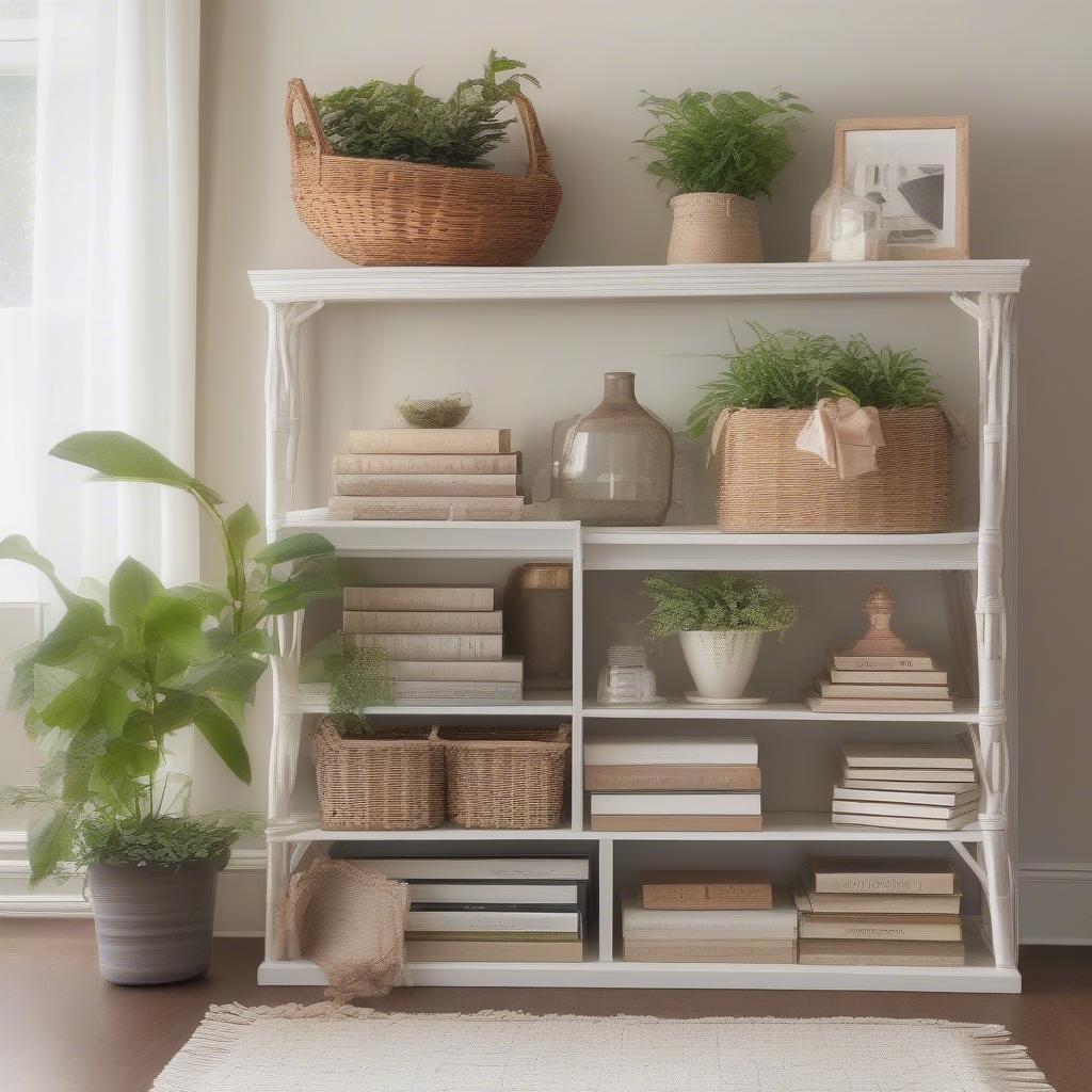 White Wicker Basket Storage Shelf in Living Room