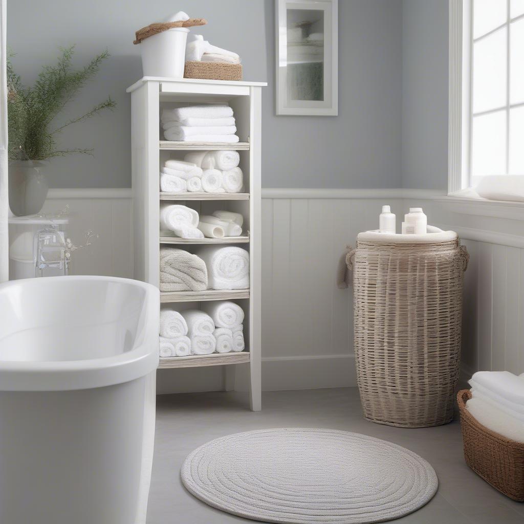 White Wicker Basket Storage Unit in a Bathroom