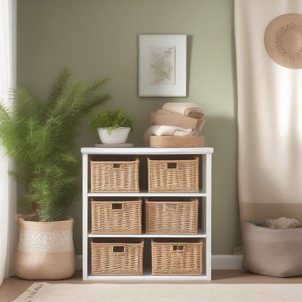 White Wicker Basket Storage Unit in a Living Room Setting