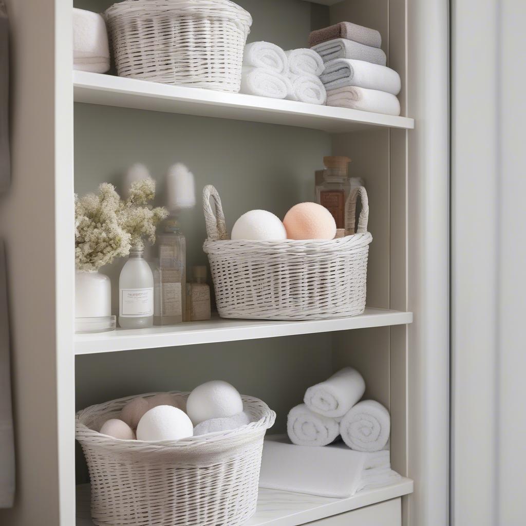 White wicker baskets for bathroom organization