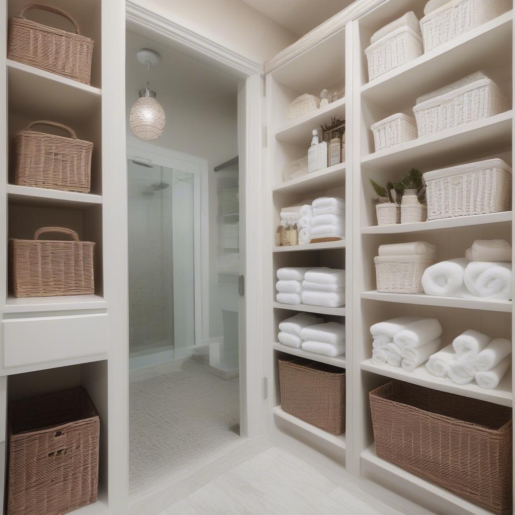 White wicker baskets for bathroom organization