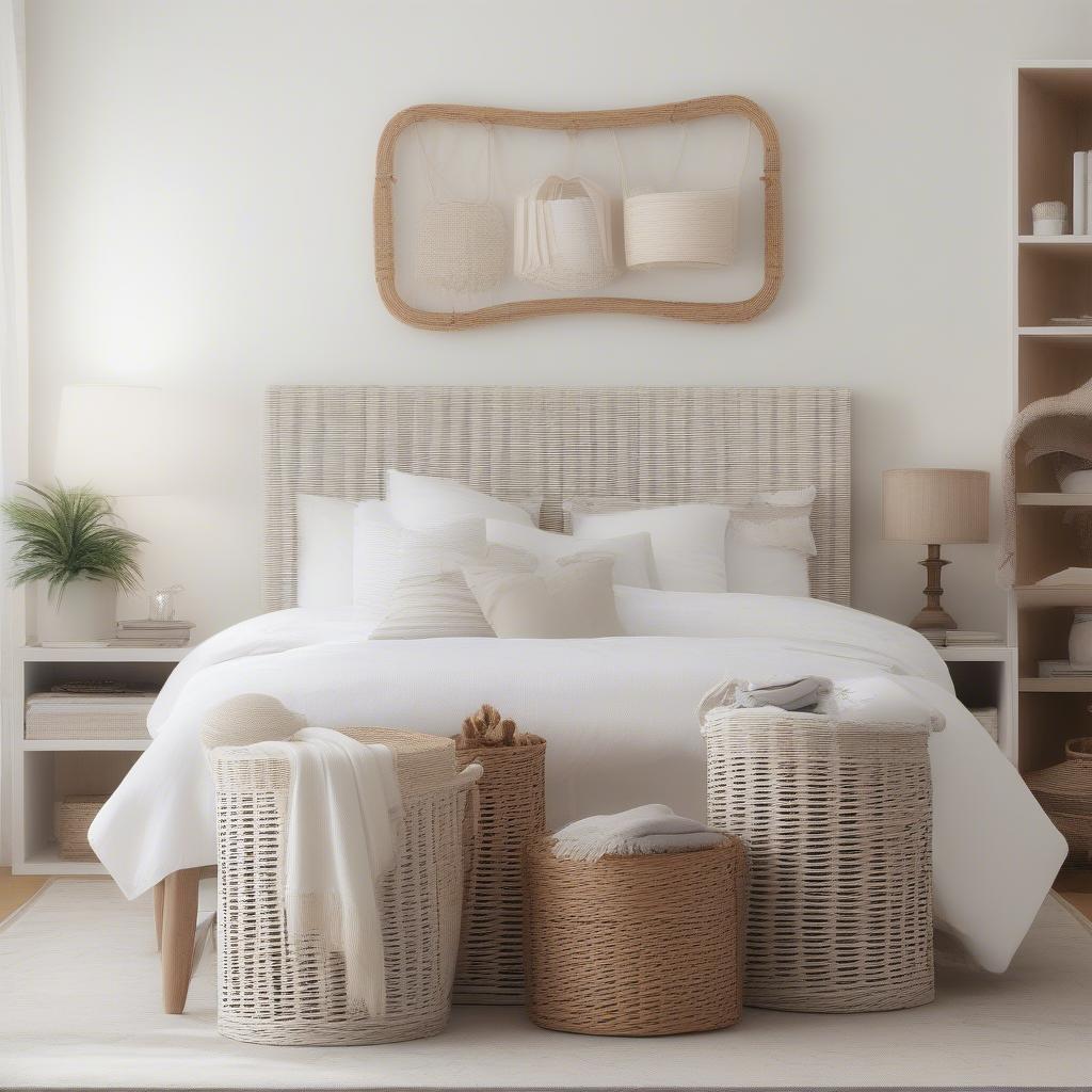 White wicker baskets in a bedroom setting