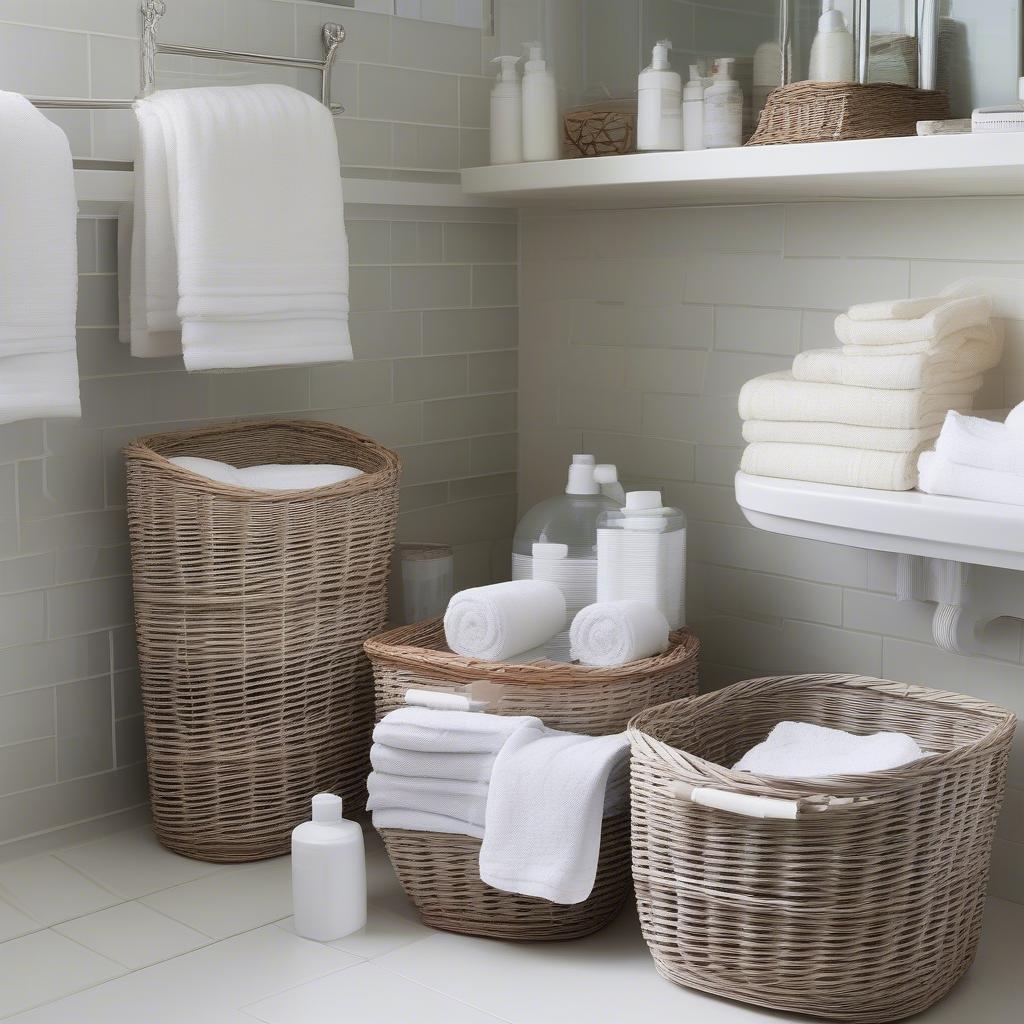 White wicker baskets used for storage in a bathroom