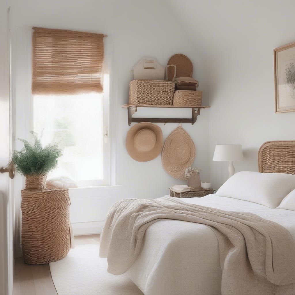 White wicker baskets used for storage in a bedroom