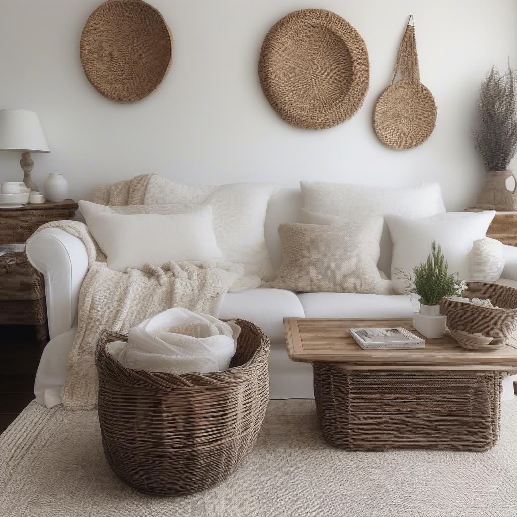 White wicker baskets used for storage in a living room setting