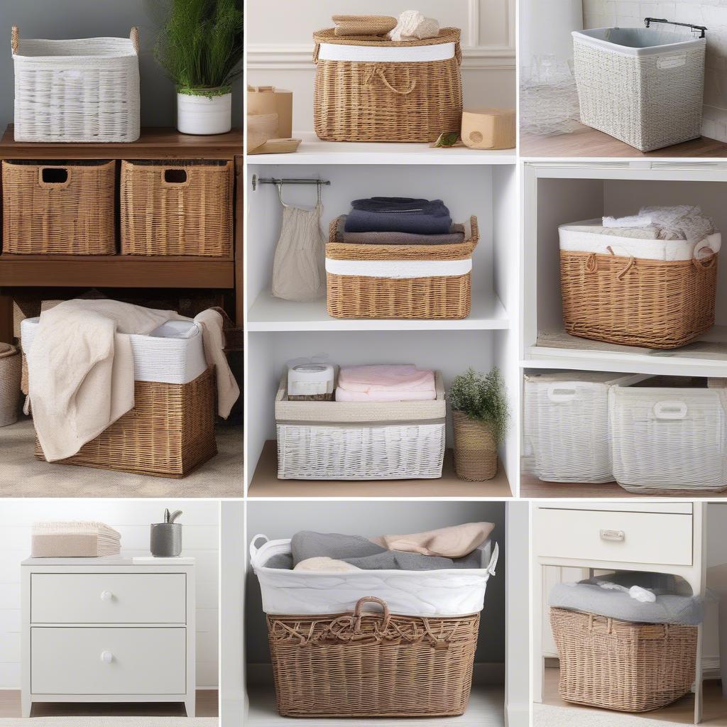 White wicker baskets used in different rooms for various storage purposes