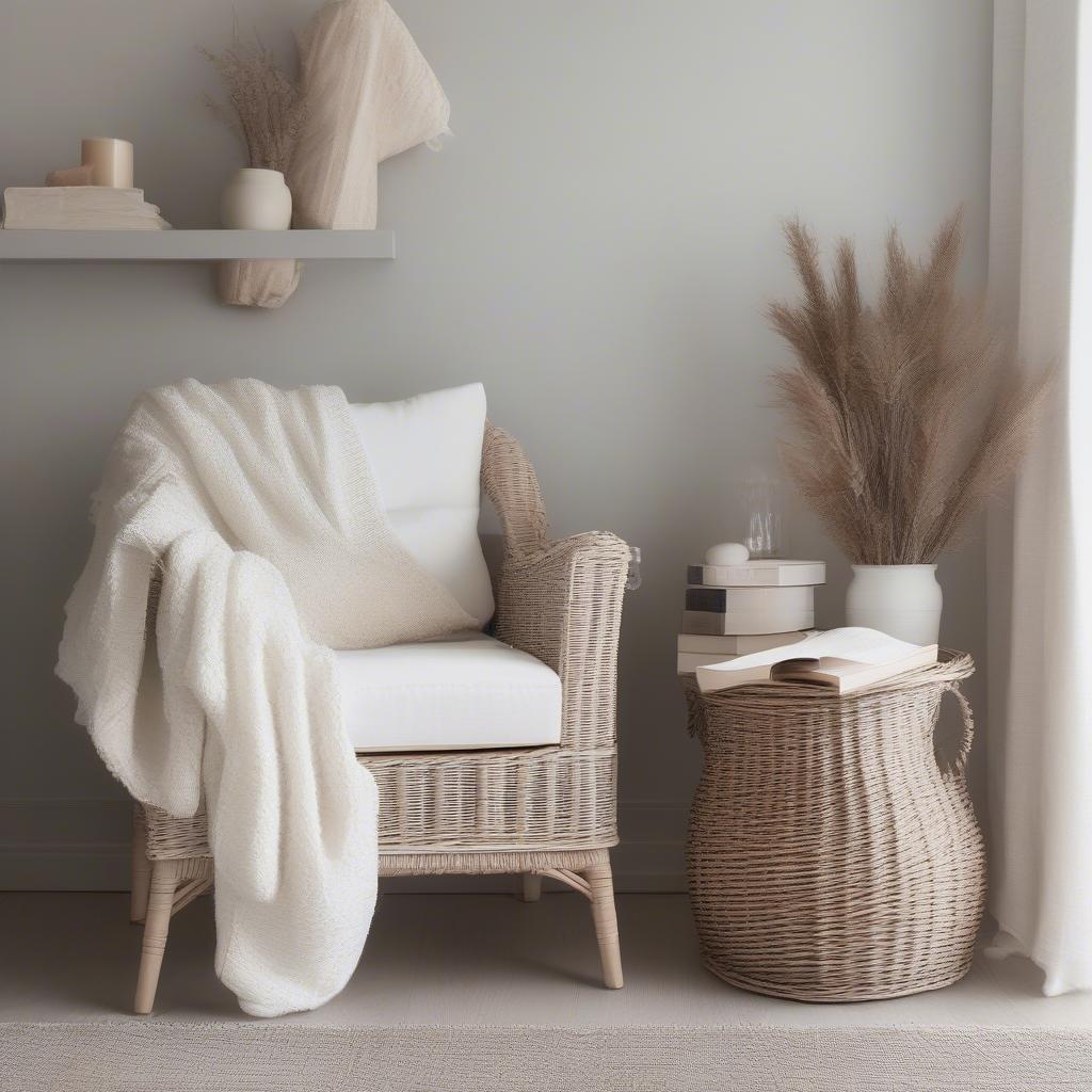 White wicker storage baskets in a living room setting