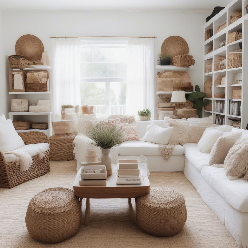 White wicker baskets used to organize a living room