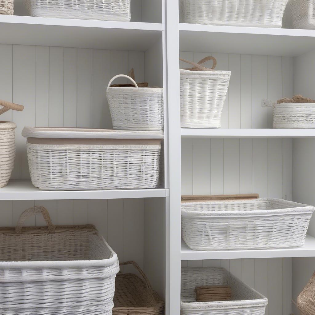 White wicker baskets neatly arranged on shelves, showcasing different sizes and styles.