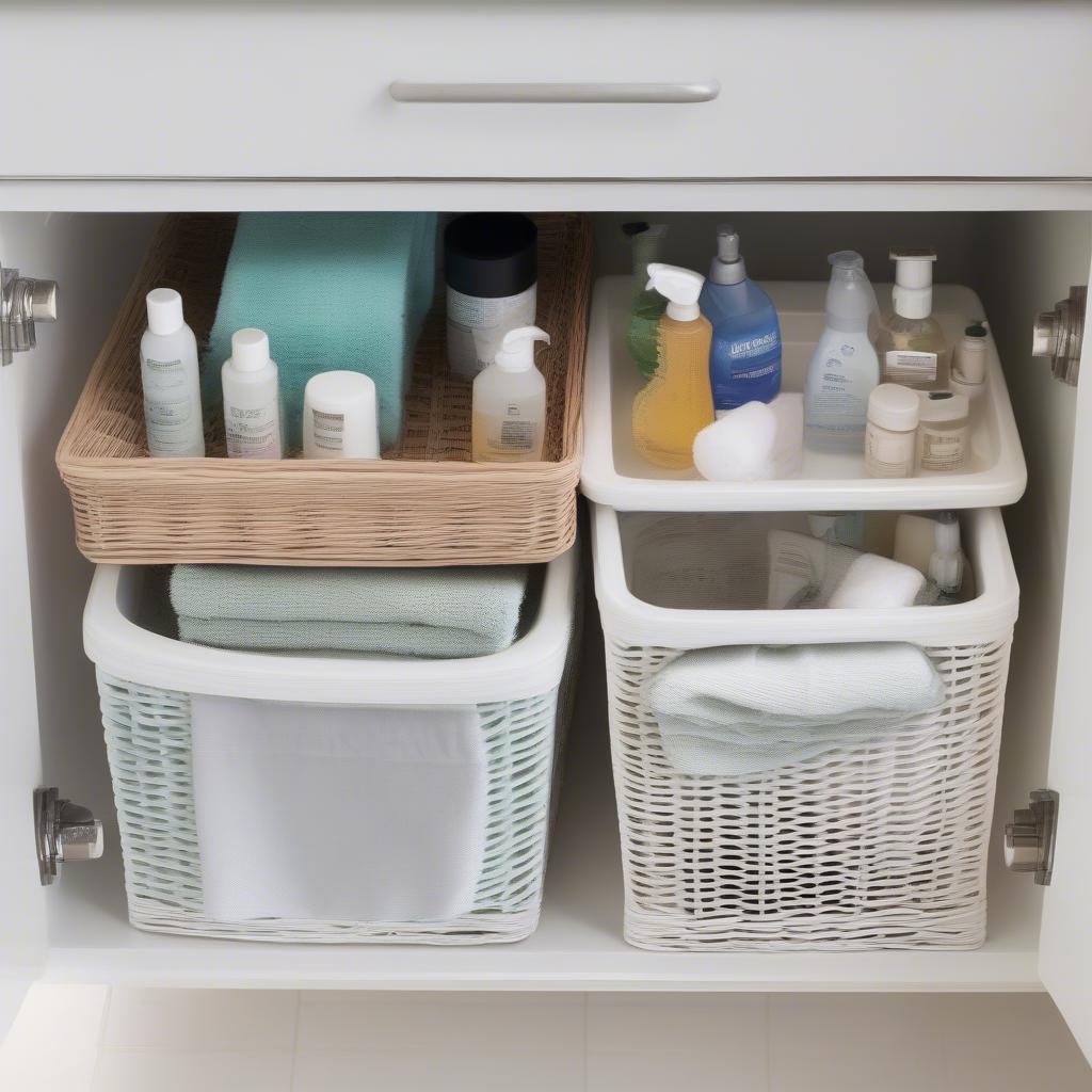 White wicker baskets used for under-sink storage in a bathroom