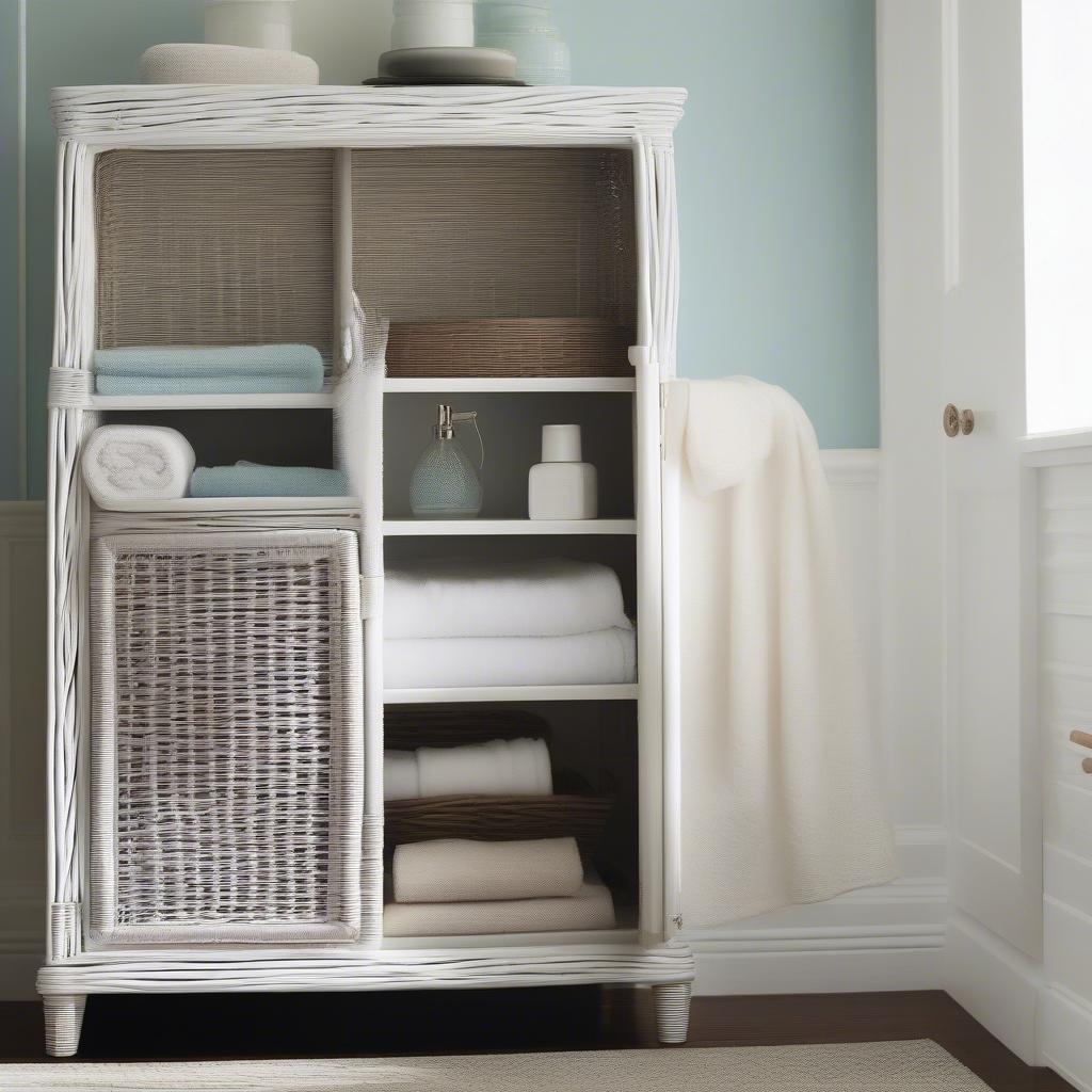 Demonstrating proper cleaning and maintenance techniques for a white wicker bathroom cabinet to ensure its longevity.