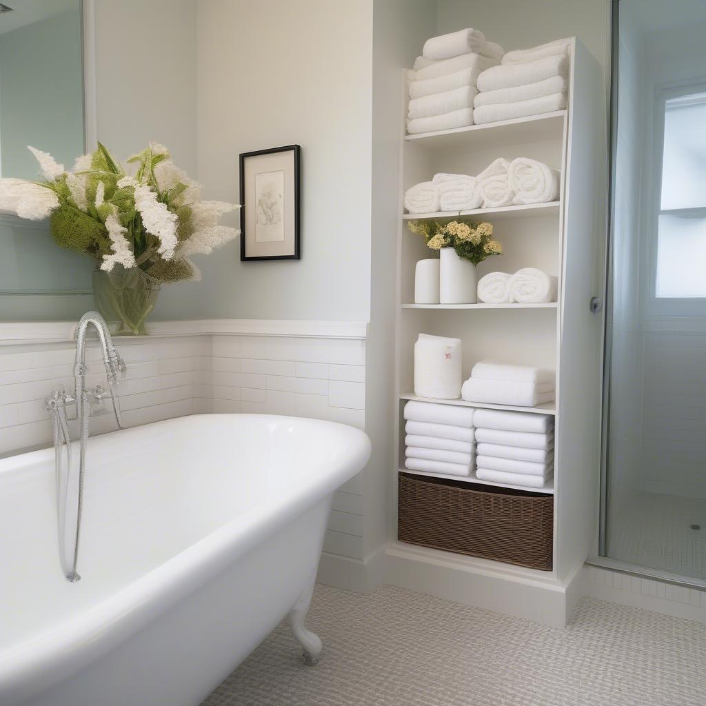 White wicker cabinet storing towels in a bathroom