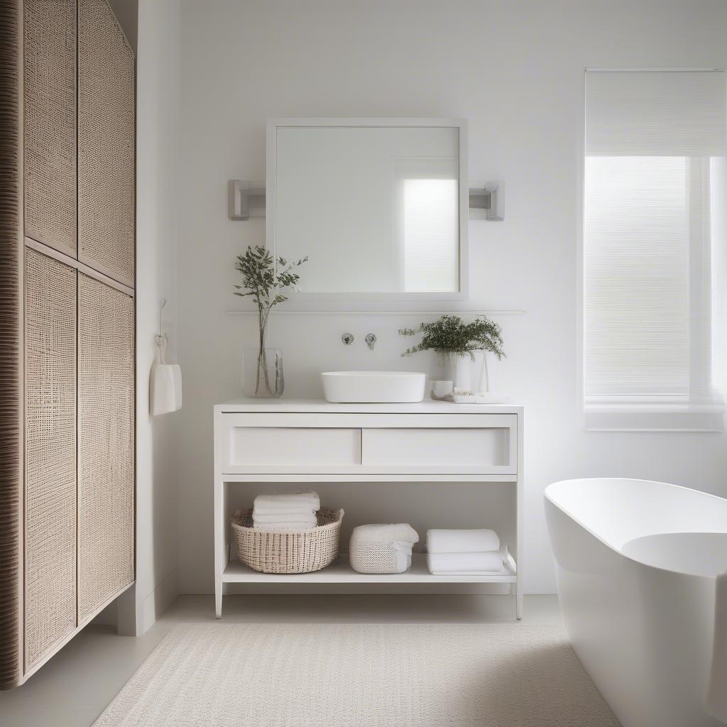 A stylish white wicker bathroom floor cabinet sits in a bright, modern bathroom, showcasing its ability to complement various design styles.