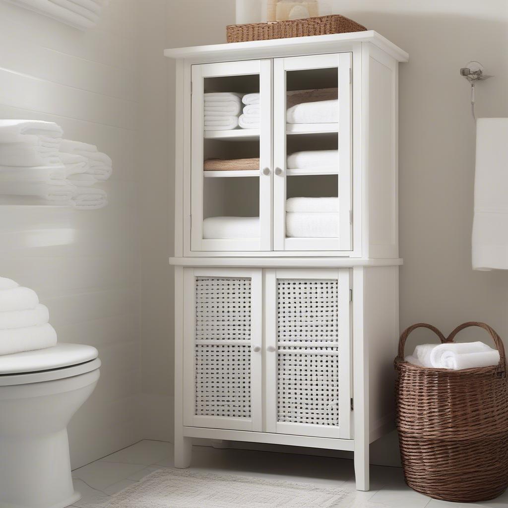 White wicker bathroom floor cabinet with towels neatly folded inside, showcasing its storage capabilities in a bright, airy bathroom.