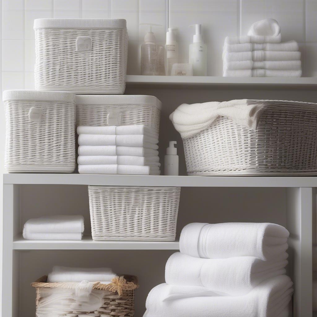 White wicker bathroom storage baskets neatly arranged on a shelf