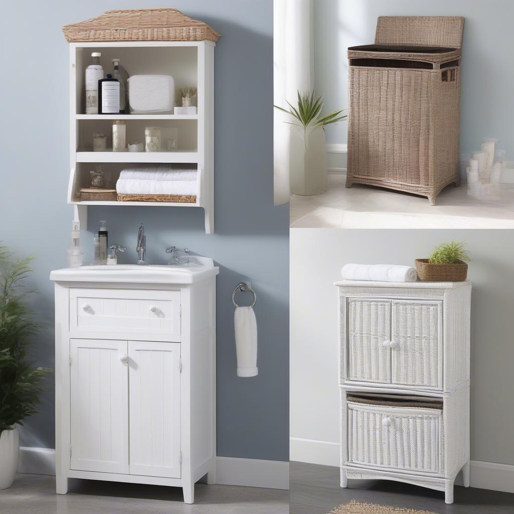 White wicker bathroom storage cabinets in various styles and sizes, showcasing their versatility in bathroom decor.