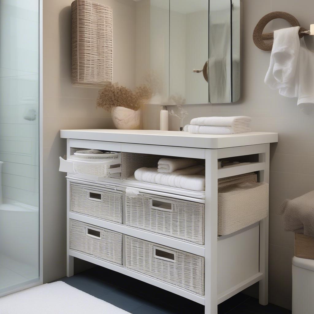 White wicker bathroom storage drawers with towels and toiletries on top, placed in a bright, modern bathroom.