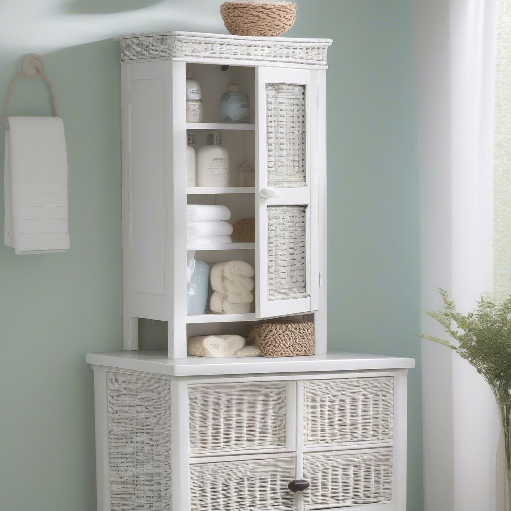 White Wicker Bathroom Wall Cabinet in a Bathroom Setting