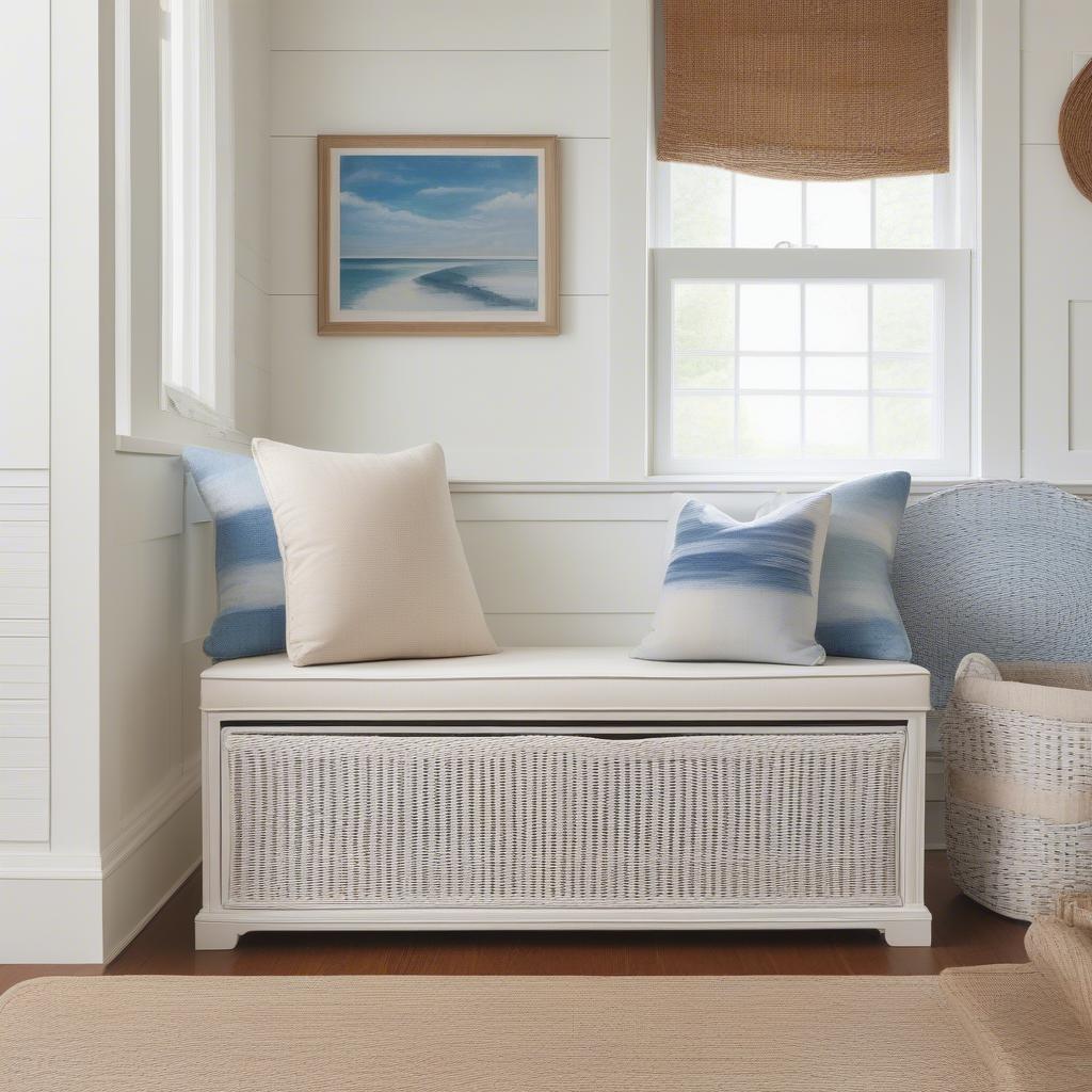 White wicker storage bench in a bedroom