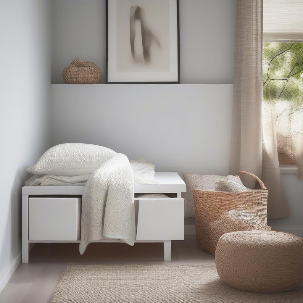 White wicker bench used for storage in a bedroom