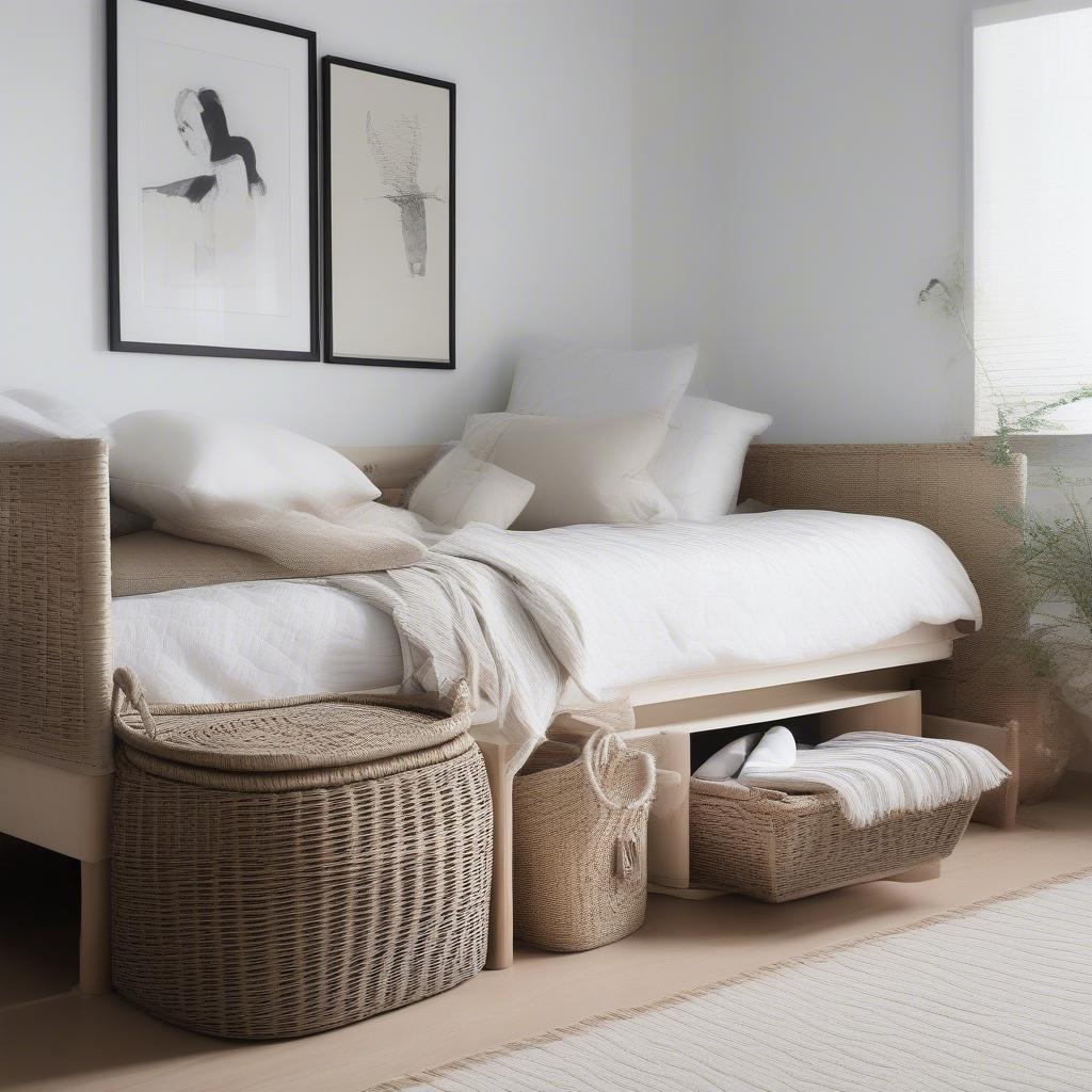 White wicker storage bench in a living room