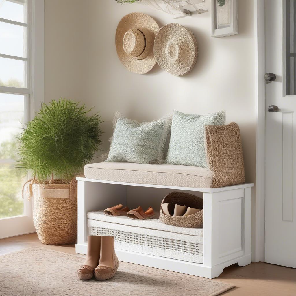 White wicker storage bench in an entryway