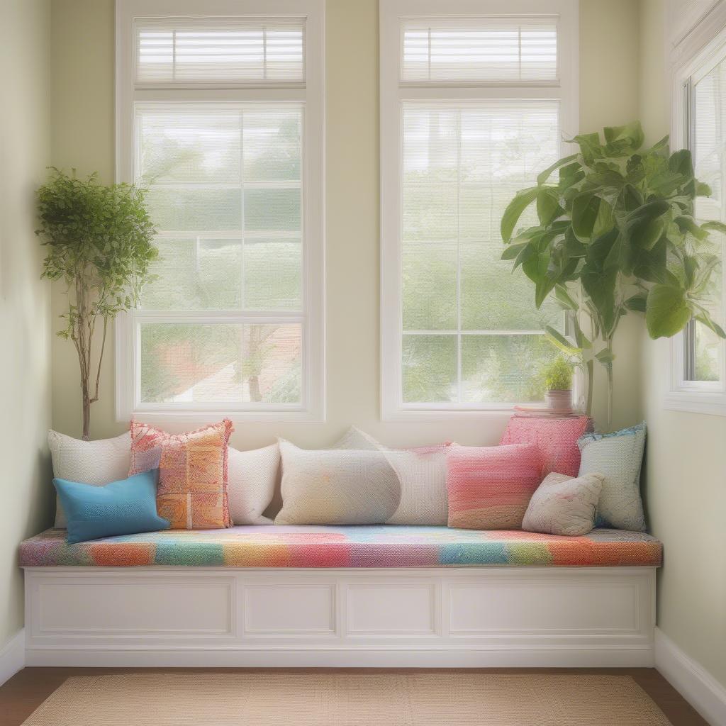 White wicker bench with storage in a living room