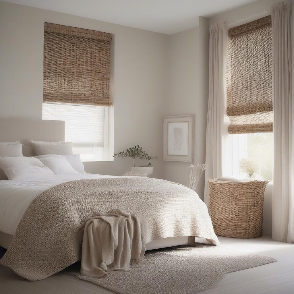 White wicker blinds in a serene bedroom