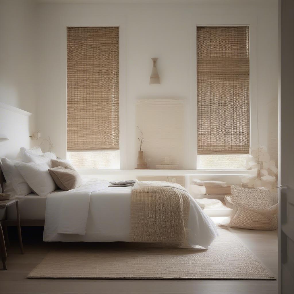 White Wicker Blinds Providing Privacy in a Bedroom