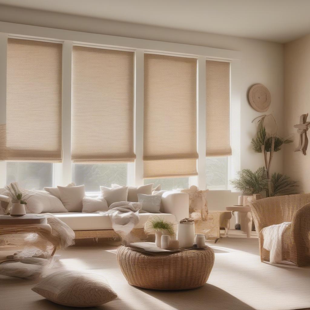 White wicker blinds in a bright living room