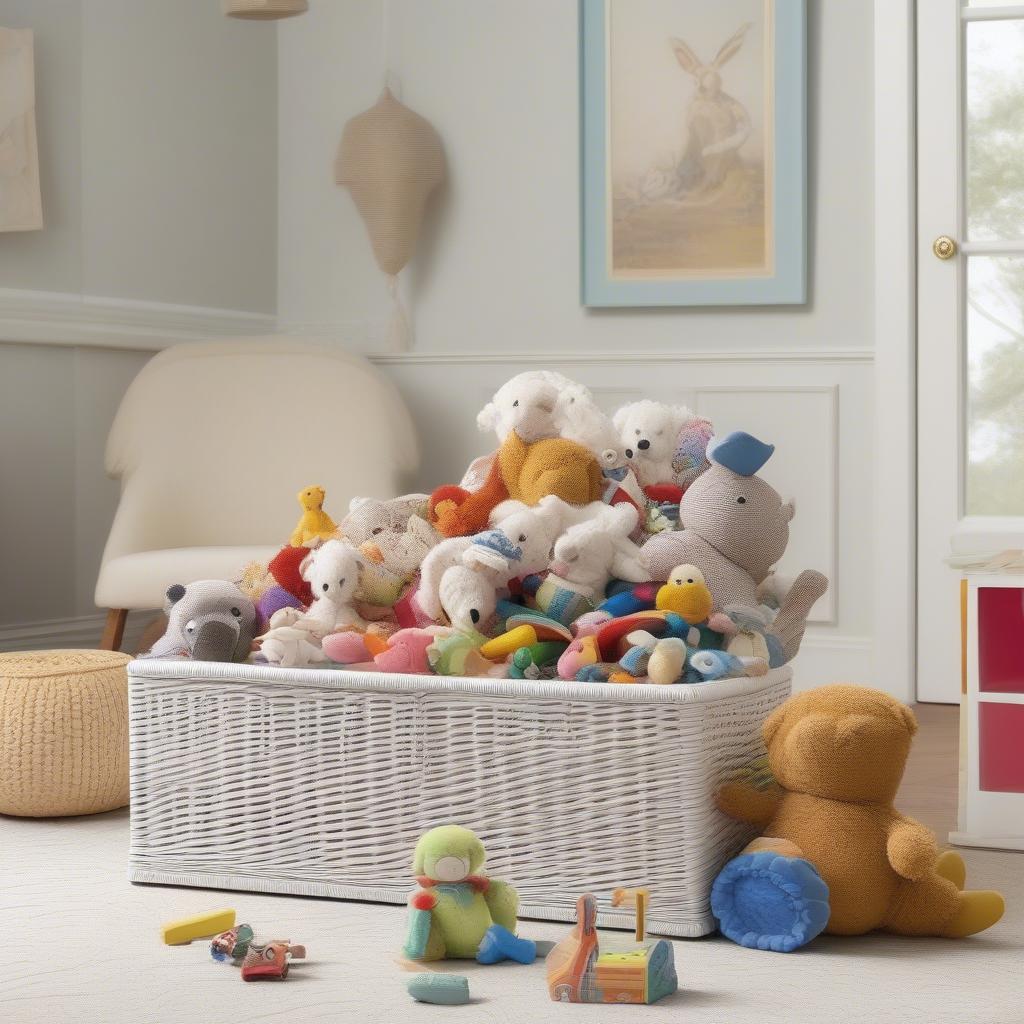 White wicker storage box filled with children's toys