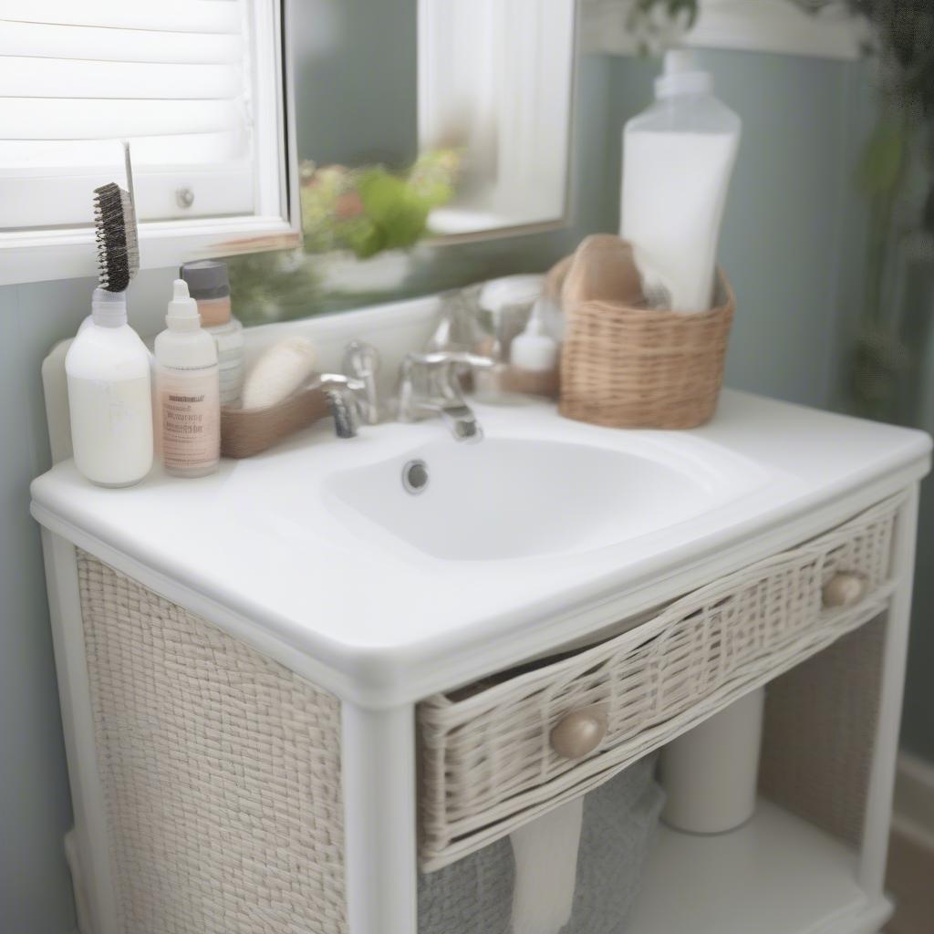 Cleaning and maintaining a white wicker cabinet in the bathroom