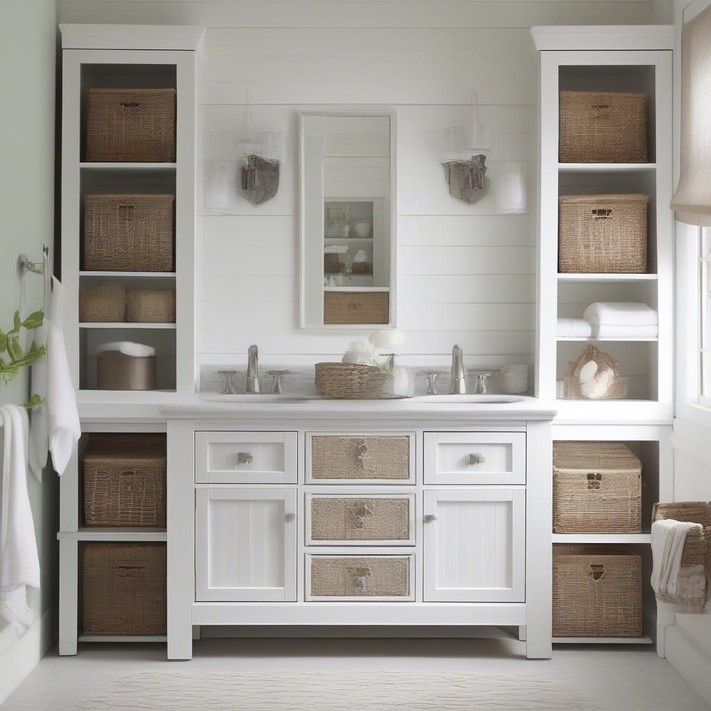 White wicker cabinets integrated seamlessly into various bathroom decor styles, showcasing their adaptability.