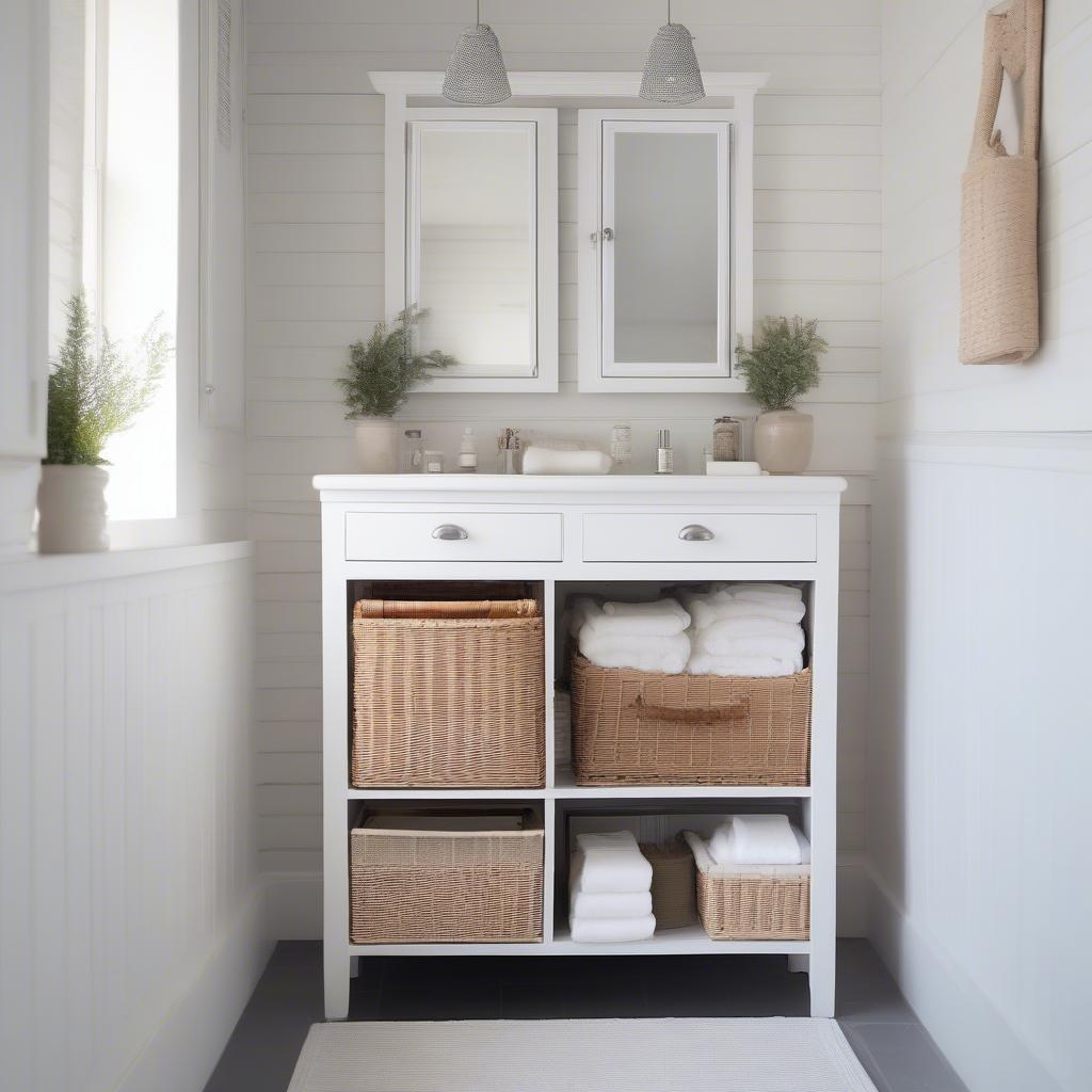 White Wicker Cabinet for Bathroom Organization