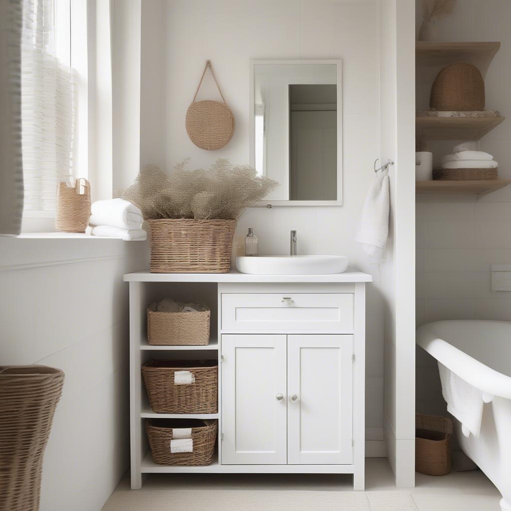 White Wicker Cabinet for Bathroom Storage