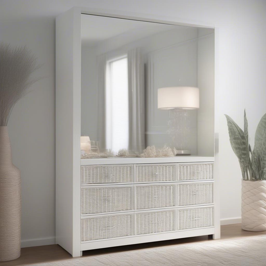 White wicker cabinet with mirror in a bedroom, showcasing a clean, minimalist design.