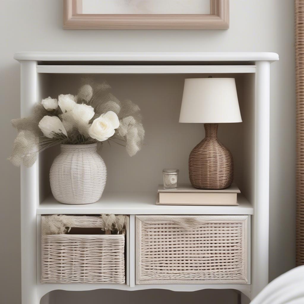 White wicker cabinet used as a nightstand in a bedroom